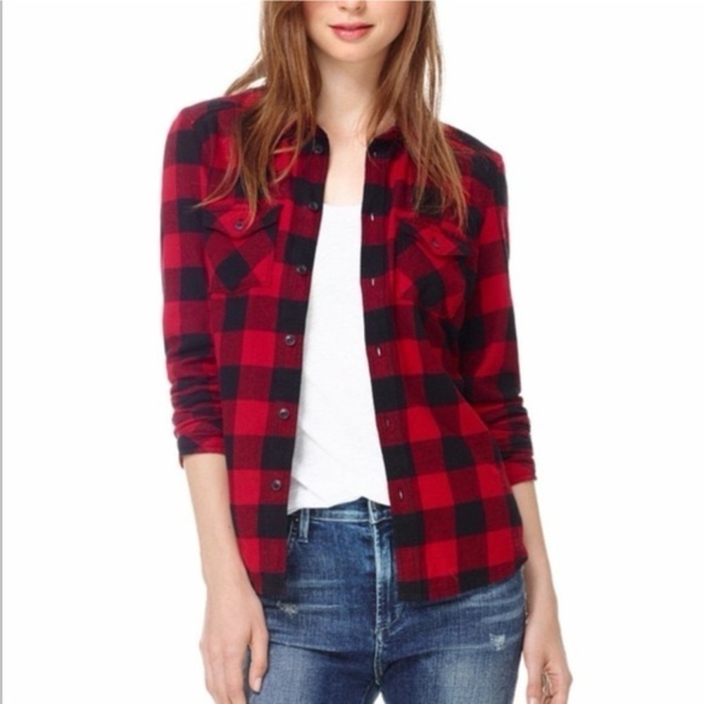 TNA Aritzia red Plaid Button Down Flannel Shirt Size Small